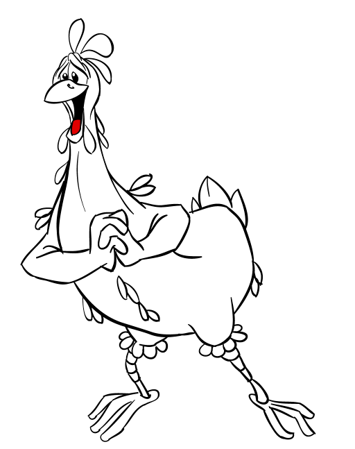 Cartoon van een blij verrukte kip.