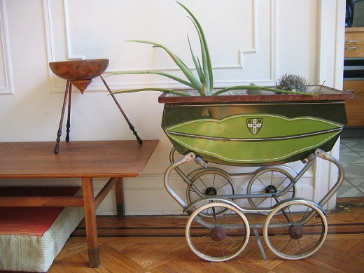 Aloe Vera in een plantenbak die is gemaakt van een ouderwetse kinderwagen.