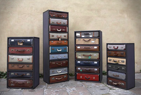 Voorbeelden van gerecyclede koffers als ladenkastjes.