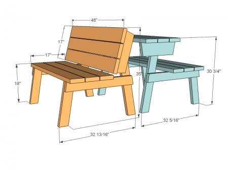 Veelzijdige tafel met bank van vurenhout, een gratis bouwtekening met maten in inches.