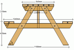 Gratis bouwtekeningen voor een houten tuintafel met banken, picknicktafel stijl.